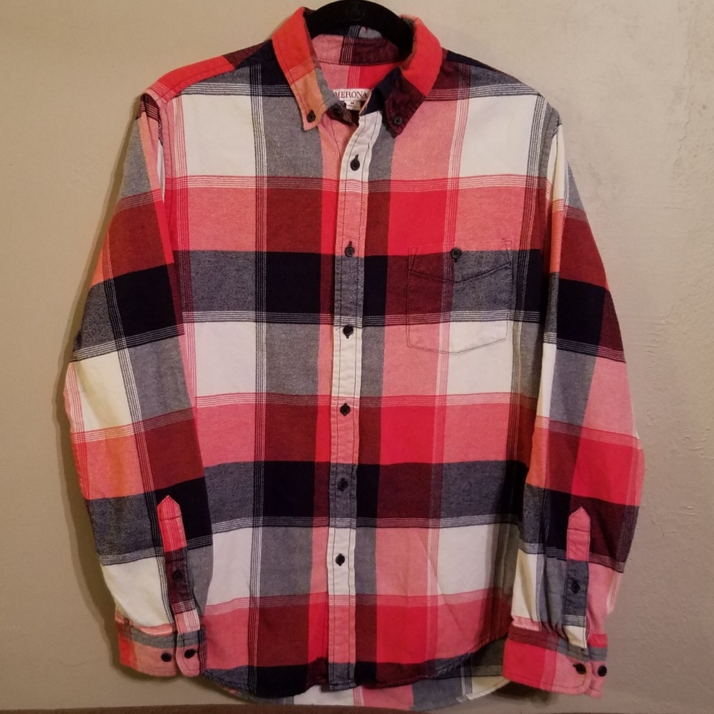 MERONA Blue Orange Thick Plaid Flannel Long Sleeve